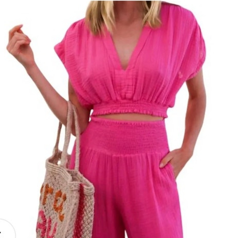 Felicite Vacay Gauze Cotton Smocked Waisted Crop Top Cotton Candy Pink Small S